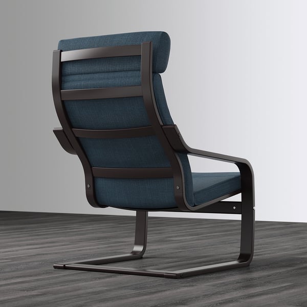 Blue POÄNG armchair with curved bentwood frame, high back support, and dark base, designed for comfort and resilience.
