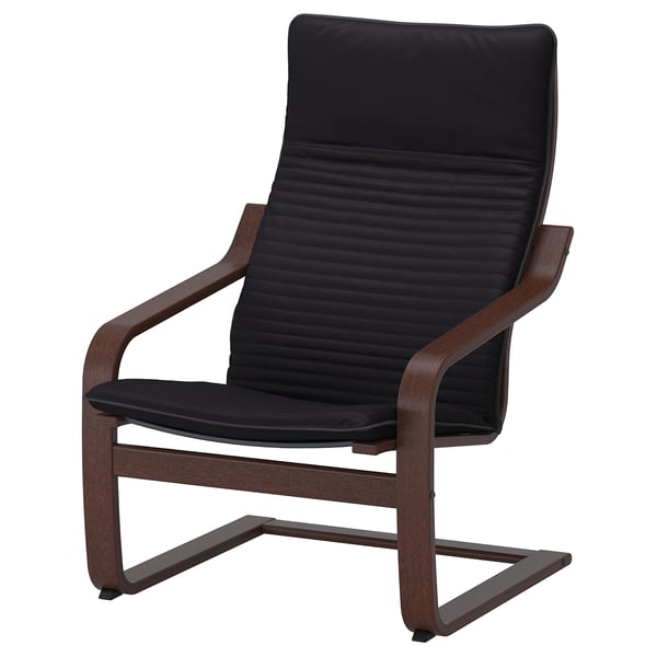 Black leather POÄNG chair, wooden frame, curved design, comfortable seating.