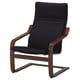 Black leather POÄNG chair, wooden frame, curved design, comfortable seating.