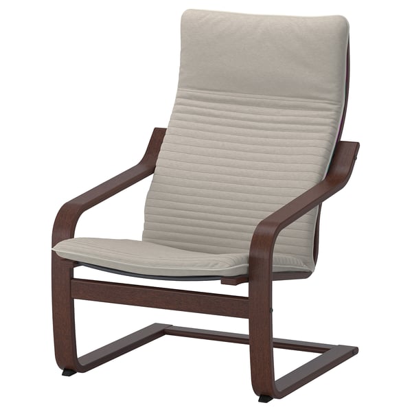 An ikea POÄNG armchair, light grey, with a wooden frame and cushioned seat and back.