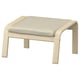 POÄNG footstool: cream-colored leather, wooden frame, curved legs.