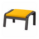 Bright yellow cushioned footstool, sleek black frame, modern design.