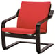 Bright red cushioned chair with dark wooden frame, sleek modern design.
