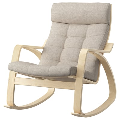 Poang rocking chair: light wood, beige cushions, curved lines, comfy & supporting back.