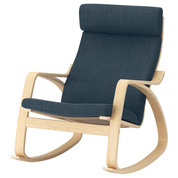 POÄNG rocking chair, blue cushions, natural wood frame, curved back & armrests.