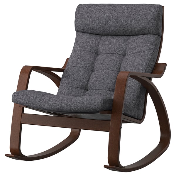 Dark grey POÄNG rocking chair with curved wooden frame and cushioned seat & back, offering comfort and style.