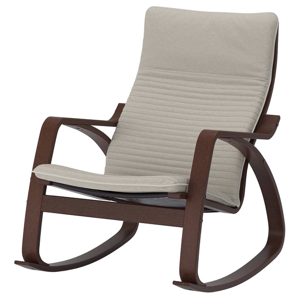 POÄNG rocking chair, light beige, wooden, curved design, cushioned seat, supportive back.