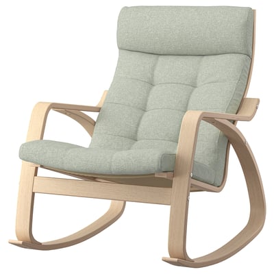POÄNG rocking chair, light green cushions, bentwood frame, supportive high back, plush tufted seat.