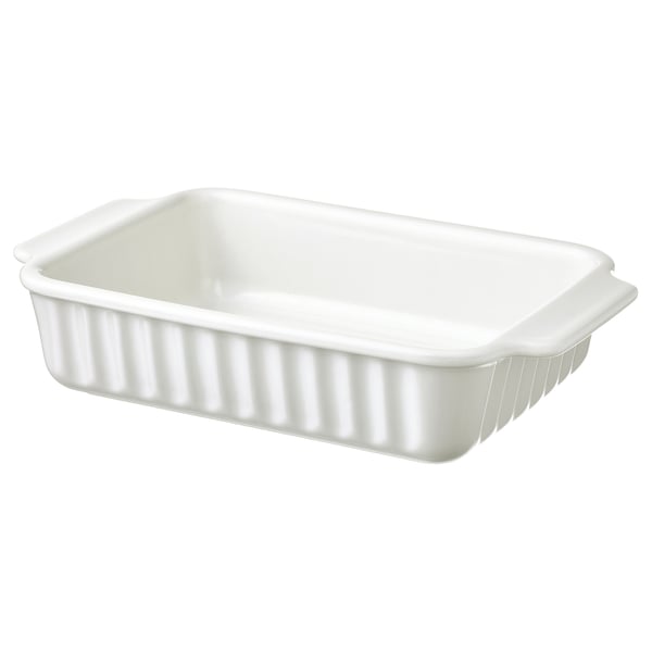 White POETISK stoneware baking dish, rectangular with sturdy handles and ribbed grip, ideal for roasting and serving.