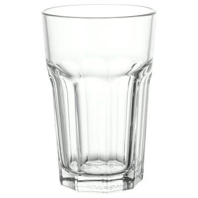 Clear tempered glass tumbler, hexagonal design, sturdy café-style.
