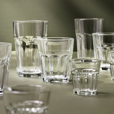 Glassware set: POKAL, clear, tempered glass. Various shapes and sizes for drinks.
