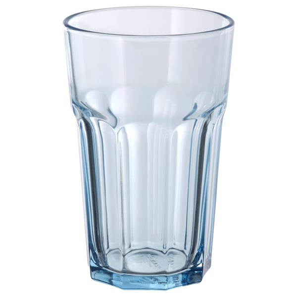 Clear blue-tinted tempered glass tumbler with a classic ridged design, standing alone.