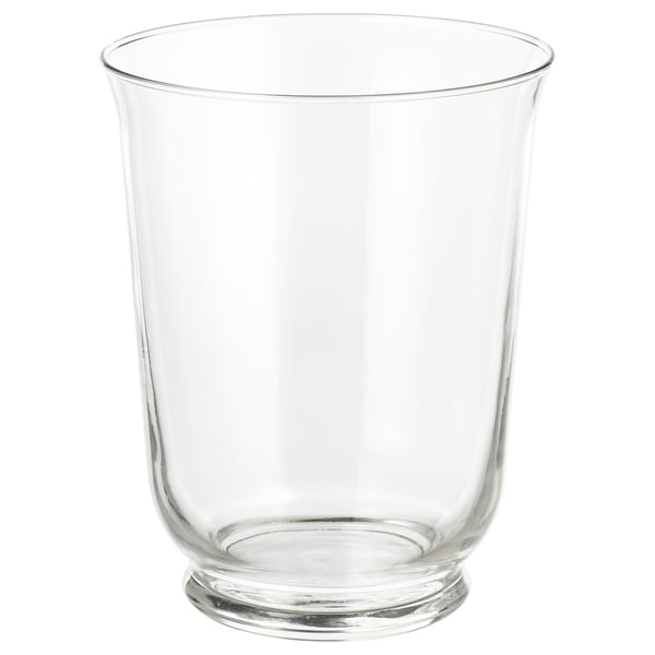POMP glass, clear, cylindrical with wide mouth, base for stability, versatile as vase or lantern.
