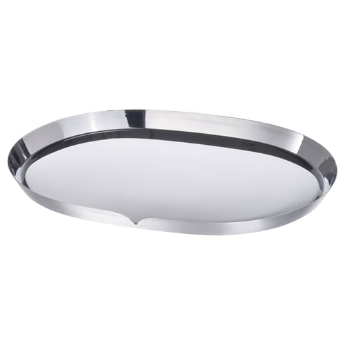 A shiny, silver, round, metallic tray with a slight lip around the edge, designed for serving.