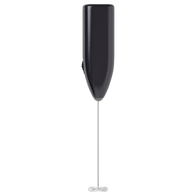 Black handheld frother, sleek design, stainless steel whisk, plastic handle.
