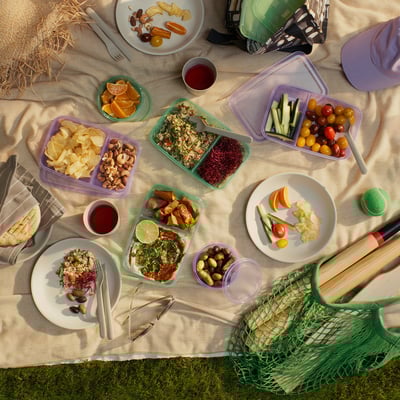 Picnic spread with PRUTA containers in purple & green, sports gear, colourful & practical.