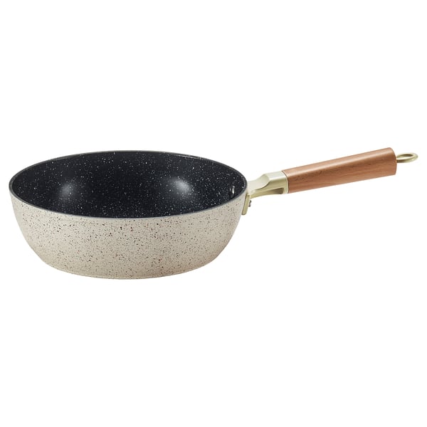 PUCKELLAX frying pan, grey with speckled pattern, wooden handle, black interior, non-stick coating.