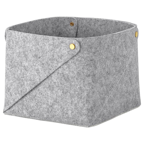 PUDDA grey felt basket with brass button, versatile storage for clothing or accessories