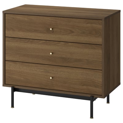 This image shows a RÅDMANSÖ chest of drawers in walnut with 3 drawers on metal legs.