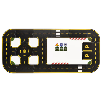 Black toy car track with yellow lines, roundabout, and parking area. Brightens playtime.