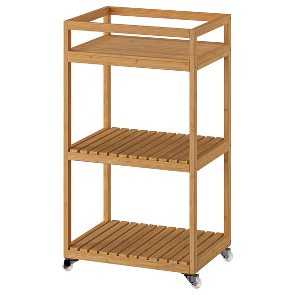 Bamboo RÅGRUND bath cart with wheels & 3 shelves.