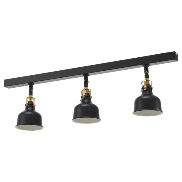 Black ceiling light track with three adjustable spotlights, vintage style with brass accents.