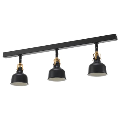 Black ceiling light track with three adjustable spotlights, vintage style with brass accents.