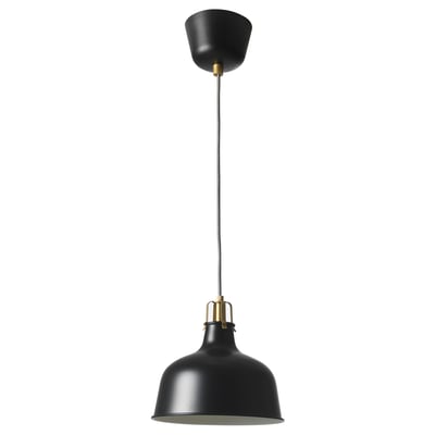 A black RANARP hanging lamp with a dome shade, suspended by a cord and metal fixtures.