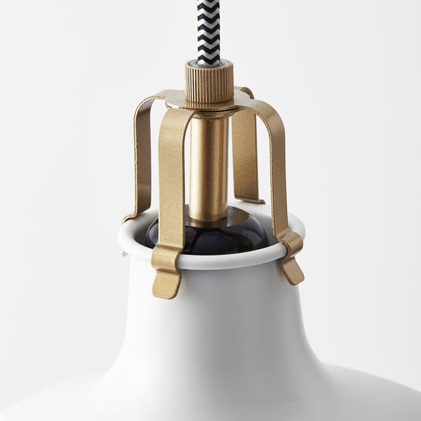 Gold metal lamp with white shade, showcasing sturdy construction and adjustable design.
