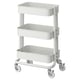 A white ikea RÅSKOG trolley with three shelves and four wheels, designed for storage and easy mobility.