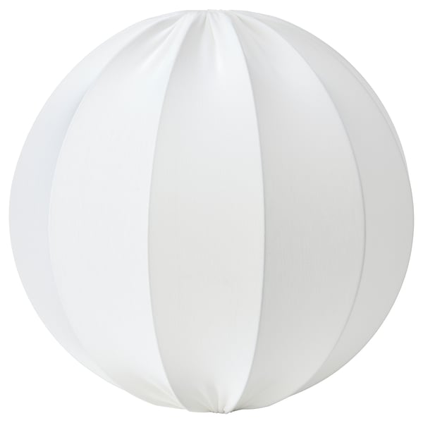 A white REGNSKUR lamp shade. Its spherical with vertical folds and made of recycled polyester.