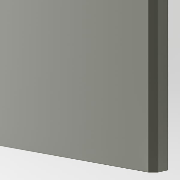 Grey-green matte door edge detail, recycled plastic foil, smooth curve, soft closing hinge.
