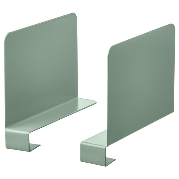 Two mint green metal bookends on white background. Each has an l-shape with a flat base and back, designed to keep books organised.