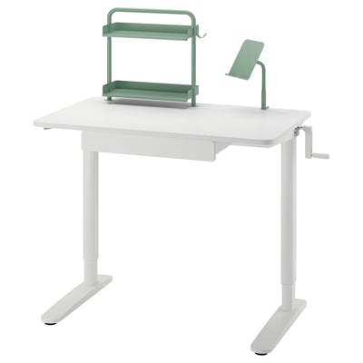Adjustable white kids desk with green organiser and phone holder.