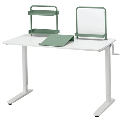 RELATERA adjustable kids desk with green accessories, white top, crank handle, organizer, and magnetic board.