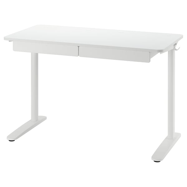 A white RELATERA adjustable desk with drawers and a hook. It a minimalist design, ideal for study or work spaces.