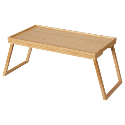 RESGODS light brown bamboo bed tray, flat top, foldable v-legs, natural wood finish.