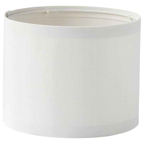 A white RINGSTA lampshade, cylindrical in shape, made from pet plastic, designed for a flat-pack assembly.