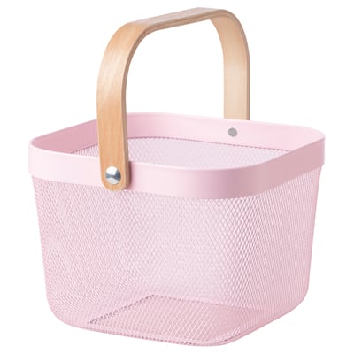Light pink wire mesh basket with wood handle, rectangular shape, minimalist design.
