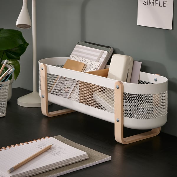 White RISATORP steel & birch desk organizer with mesh & 2 compartments.