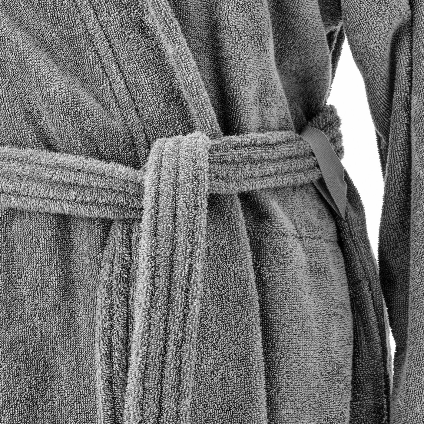 Grey bathrobe with terry interior, adjustable belt loops, and side pockets.
