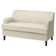 Rocksjøn beige sofa, small size, rolled arms, neutral fabric, wooden legs, simple design.