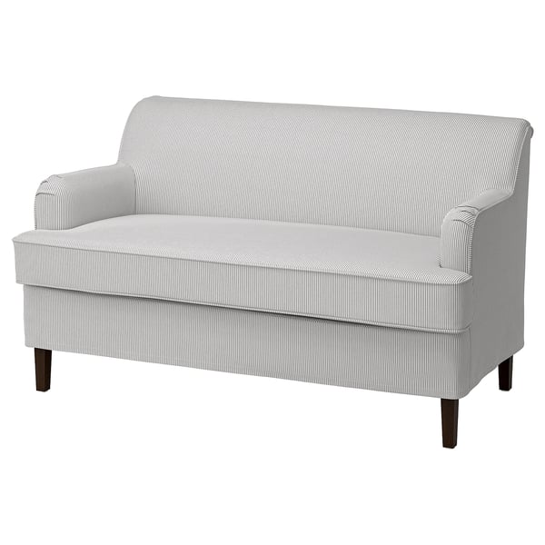 The rockksen loveseat a white and grey striped fabric cover, classic design with rolled arms and pleats, and dark wooden legs.