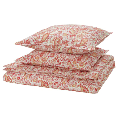 Vibrant paisley bed linens: RODGERSIA set in red & beige, cotton-viscose, square folded.
