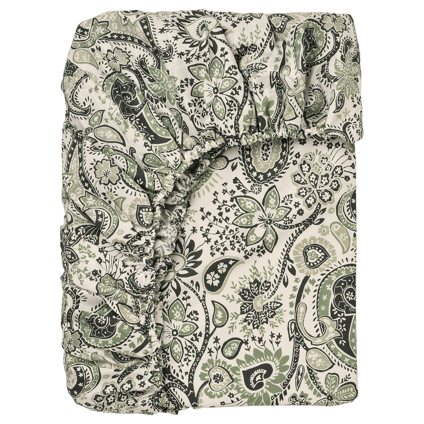 Cream green paisley fitted sheet, soft cotton blend, secure fit for 26cm mattresses.