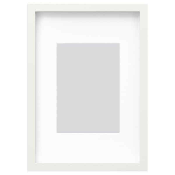 A white RÖDALM picture frame. Square shape, modern design, with a front plastic cover. Suitable for both hanging and standing.