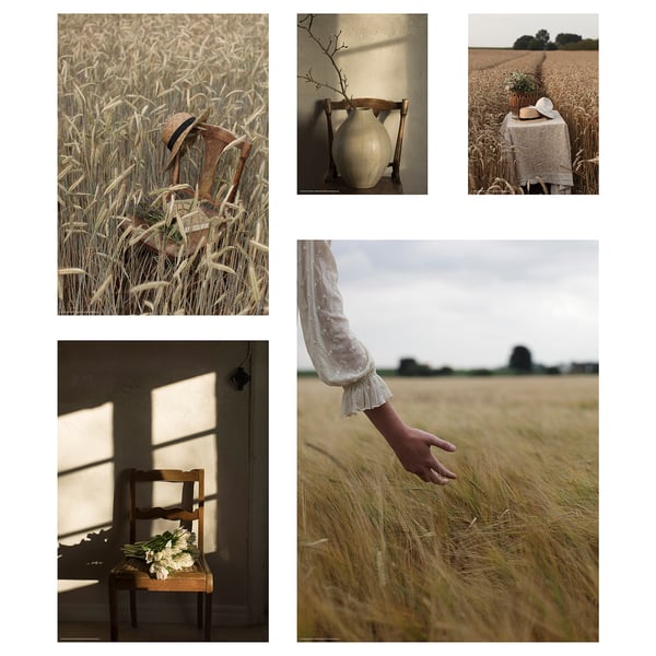 Five-panel art print collage depicting rural and interior scenes with natural elements like wheat fields and flowers.