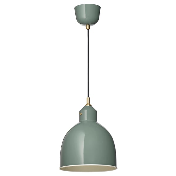 RÖDFLIK pendant lamp: green, metal, dome shape, with brass switch & ceiling cup.