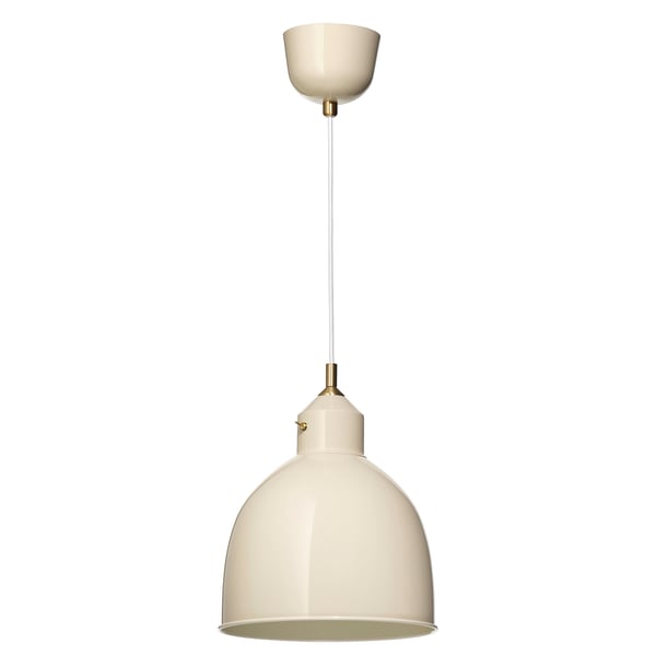 RÖDFLIK pendant lamp. Cream, industrial design. Dome shaped with brass details.