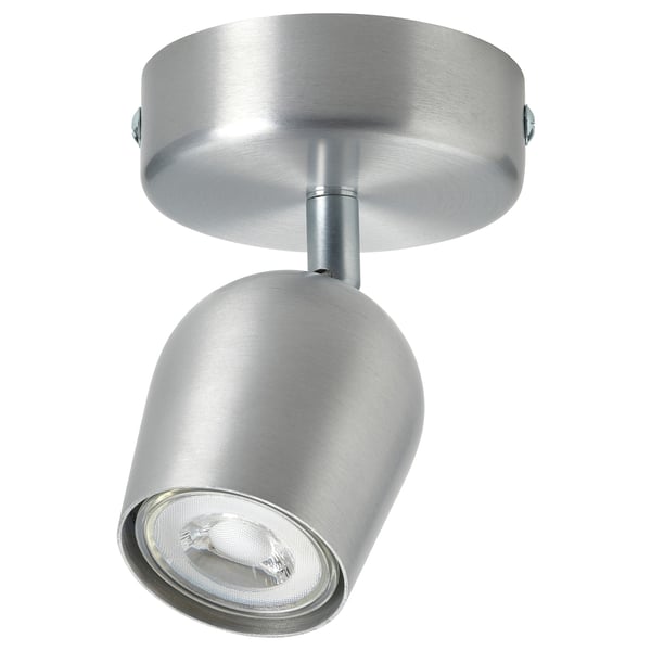 RÖKFRI silver spotlight, adjustable, metallic finish, round ceiling cup, directs light downward.
